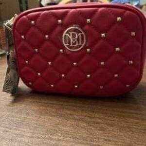 BADGLEY MISCHKA  Red Quilted Studded Logo Chain Camera Bag NWT